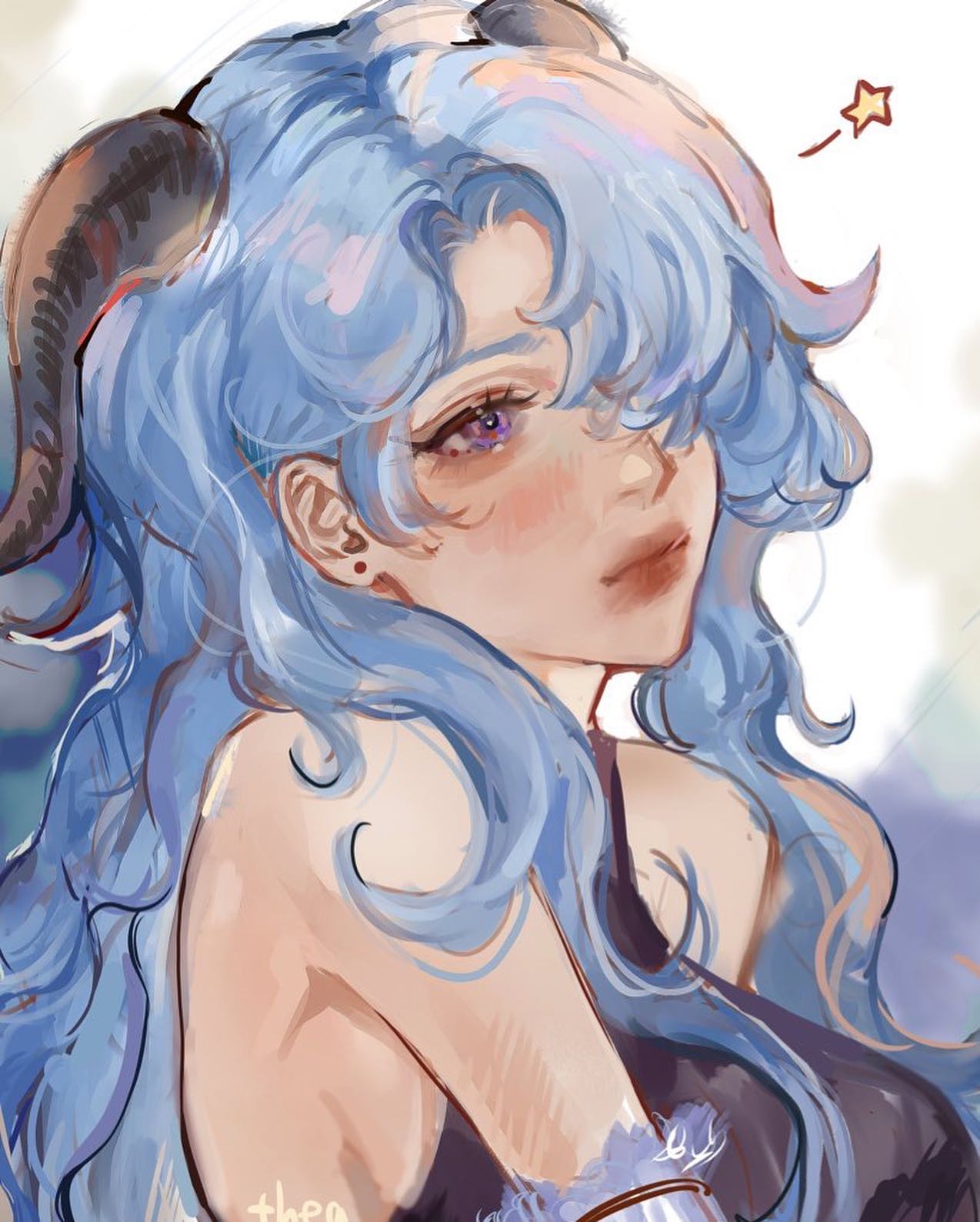 the image is a digital painting or illustration featuring a stylized female character.  she has long, wavy blue hair and a pair of dark, curved horns on her head, suggestive of a fantasy or demonlike creature. her attire suggests a somewhat formal or elegant dark garment. she has fair skin and large, expressive purple eyes. the art style is soft and painterly, with pastel shades dominating the color palette. the overall mood is dreamy, whimsical and aesthetically pleasing. the character's expression is serene and slightly playful. a small star is drawn in the upper right corner adding to the whimsical nature of the illustration. the artist's signature or watermark is visible in the bottom left corner.