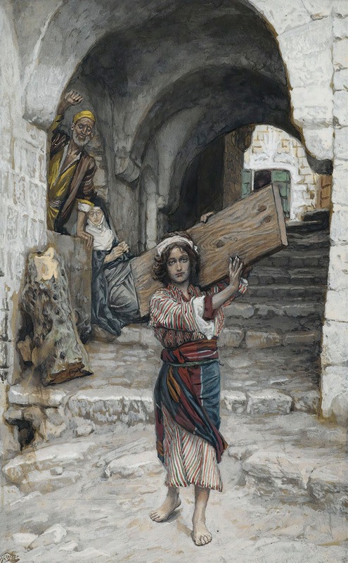the painting depicts jesus christ carrying the cross through the streets of jerusalem. simon of cyrene assists him. a crowd of onlookers, including a man gesturing from an archway and a sorrowful woman, observes the scene. the setting is an ancient, stonepaved street with archways and staircases. the artwork is rich in detail, capturing the emotion and historical context of the biblical event.