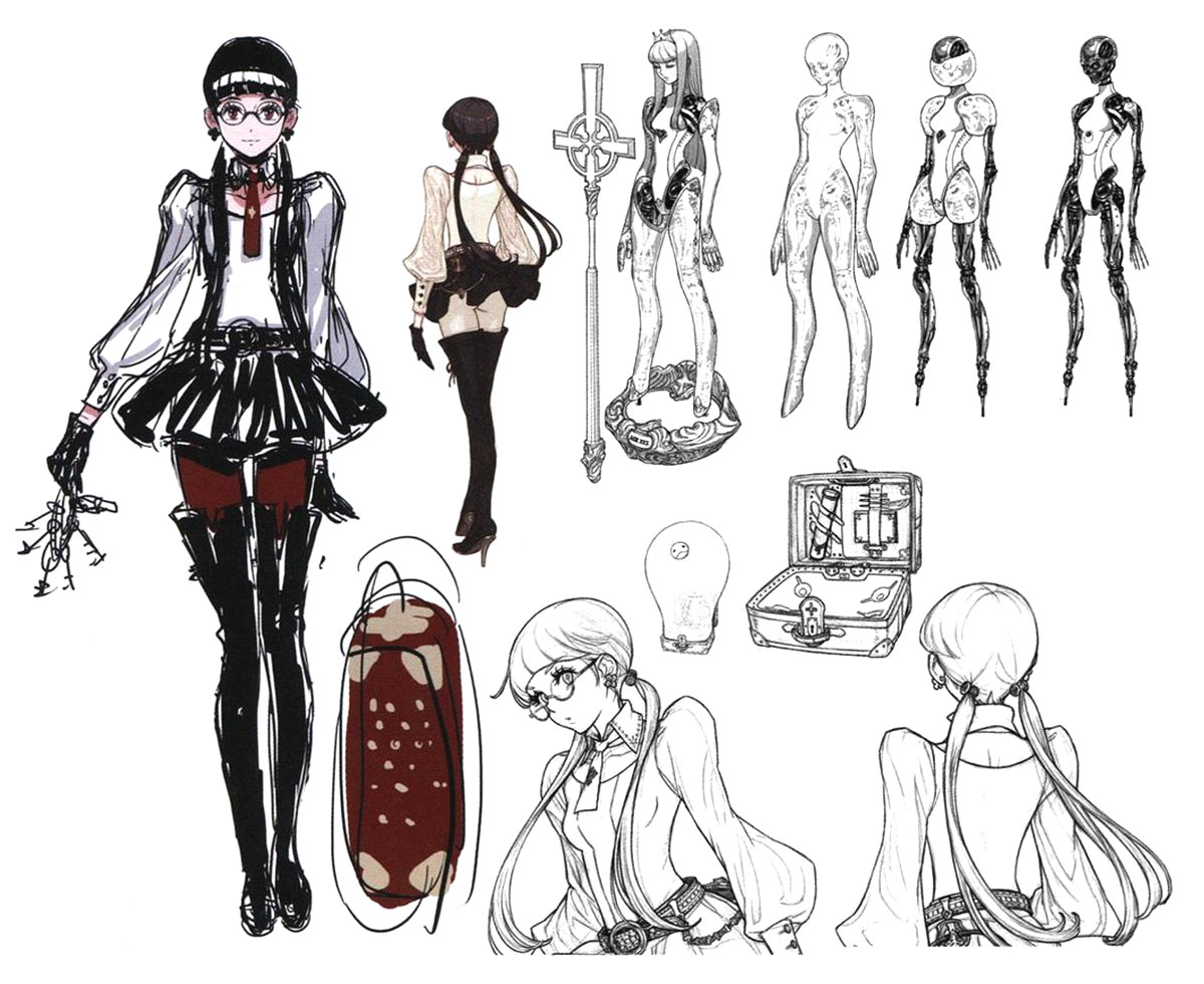 the image shows a collection of character design sketches for a female character in a gothic lolita style with cyberpunk elements. she has short black hair, wears glasses, a white blouse, a black skirt, and long black boots. notably, her right arm is robotic. there are also sketches of her robotic arm detached, a suitcase, headphones, and variations of her outfit and hairstyle.
