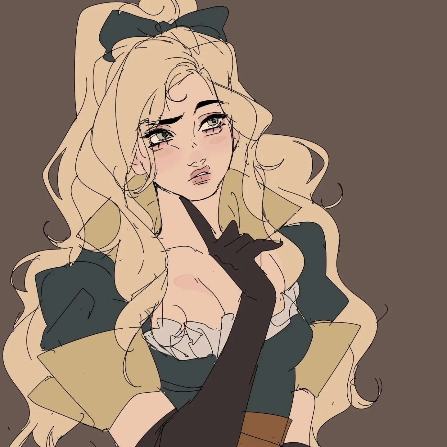 the image is a digital drawing or illustration of a young woman with long, blonde hair styled in a high ponytail with a dark bow. she's wearing a dark green, offshoulder dress with a frilly white underlayer and long dark gloves. her expression is thoughtful or slightly worried, with her index finger touching her chin. the art style is semirealistic, with a blend of anime/manga influences and a more painterly approach to shading and coloring. the background is a muted brownishgray. the overall mood is elegant and slightly mysterious.