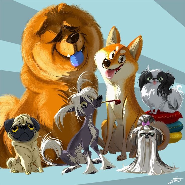 the image shows an illustration featuring a group of six cartoon dogs of different breeds. there is a chow chow with a blue tongue, a shiba inu, a pug, a chinese crested dog holding a party horn, a pekingese perched on cushions, and a shih tzu. the dogs are rendered in a stylized, cartoonlike manner against a light blue background with subtle horizontal stripes.