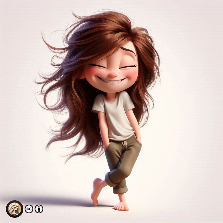 the image is a highquality 3d render or digital painting of a stylized cartoon girl. she has long, brown, windblown hair, and is depicted smiling with rosy cheeks. she's wearing a simple, offwhite tshirt and olivegreen pants, and is standing barefoot with her hands in her pockets in a relaxed, playful pose. the background is a simple, lightcolored backdrop that accentuates the character. the overall style is cute, adorable, and whimsical.  the image has a clean, professional aesthetic indicative of digital art.