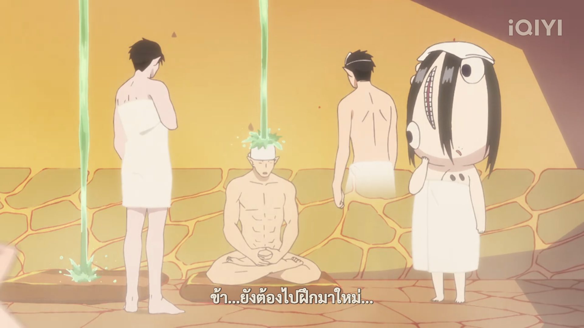 the image depicts a scene from a japanese bathhouse (onsen) with a humorous twist.  four characters are present, three appearing to be typical men and one a small, white, supernatural creature with a zippered mouth. they are all either wearing towels or partially covered by them, suggesting they are bathing. the overall atmosphere is bright and comedic, with green, waterlike streams pouring from above onto the characters.