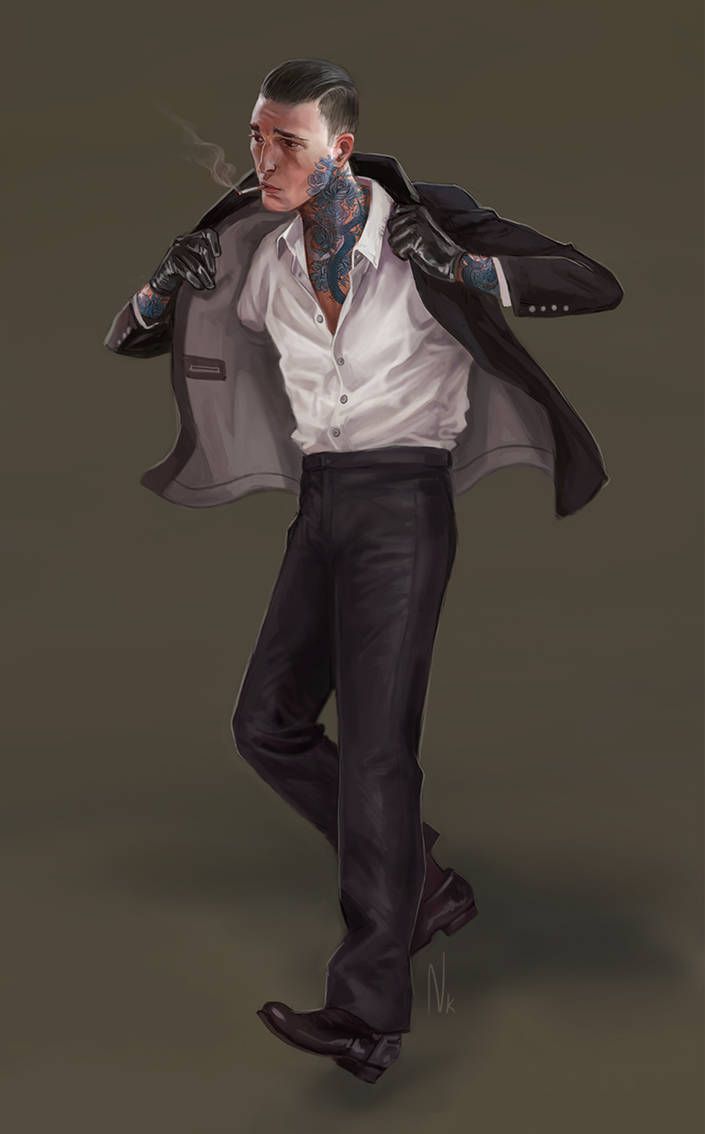 a stylized illustration of a man in a black suit, white shirt, and black gloves. he is smoking a cigarette and has extensive tattoos on his neck and arms. he is wearing black pants and black shoes.