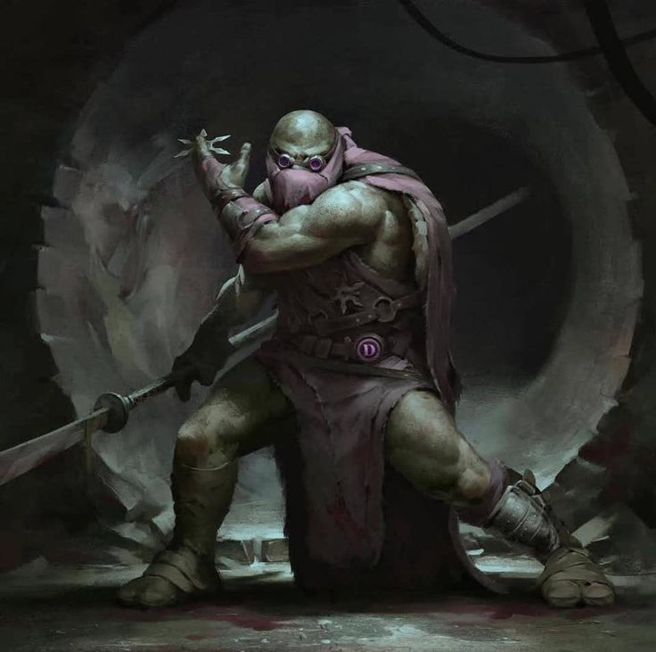 a warrior, armored and armed with a sword, stands in a shadowed environment. he is clad in a purple cloak, with a mask covering his face. his goggles have a purple tint.  his strong, muscular physique suggests he is a skilled and powerful fighter. the image is a digital illustration, created in a dark and brooding style, which hints at a futuristic or fantasy setting.