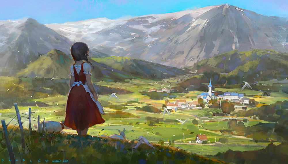 the image is a digital painting or illustration that depicts a young girl in a red dress standing on a hillside, overlooking a picturesque valley and village nestled amongst rolling green hills and majestic mountains. the style is animeinfluenced, with a slightly whimsical and dreamy quality. the girl is positioned with her back to the viewer, gazing out at the expansive landscape. the village in the distance features a prominent church steeple, suggesting a quaint european setting.  the overall mood is peaceful and serene, evoking a sense of tranquility and natural beauty. several white birds appear to be flying in the distance. the style is painterly and loose, with visible brushstrokes adding to the artistic effect. the artist's signature appears near the bottom.