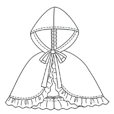 the image is a line art drawing of a hooded cloak with a ruffled bottom hem. the cloak has a laceup front and a large hood. the drawing is in black and white.