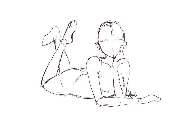 the image is a pencil sketch of a female figure lying down, in an animestyle. the figure is an outline, depicting a woman in a relaxed pose with her legs crossed in the air and her head resting on her hand. the sketch is clean and focuses on the lines and form of the body, without any color or detailed features.