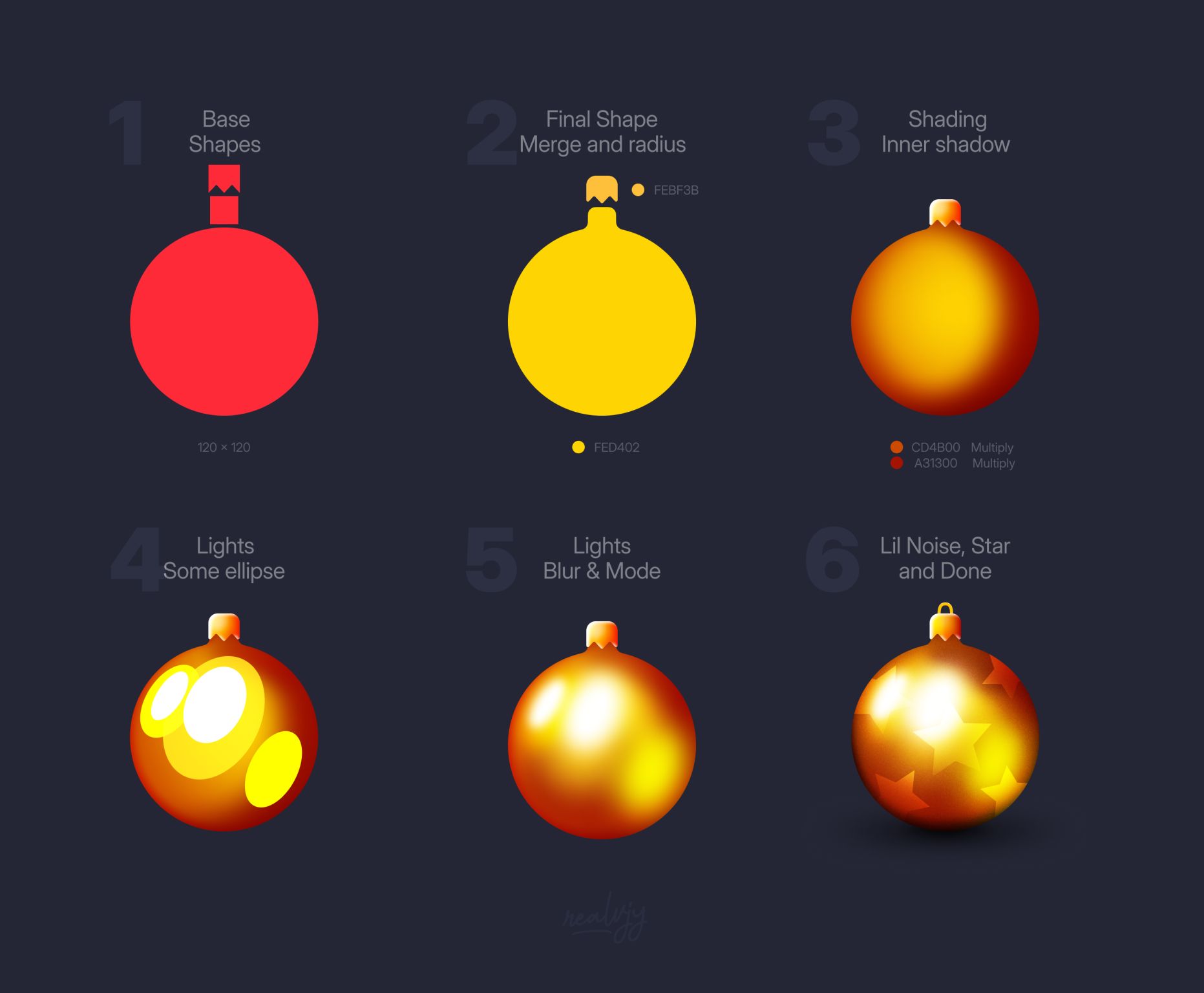 the image displays a sixstep tutorial on creating a realisticlooking christmas ornament using graphic design software.  each step shows a progressive refinement of the ornament's design, starting with basic shapes and ending with added details like lights, shadows, and a star.  the steps are clearly numbered and labeled, with explanations and color codes provided for each stage. the background is dark grey or black, providing a clear contrast to the bright colors of the ornament. the style is clean and modern, showcasing a professionallevel graphic design process.