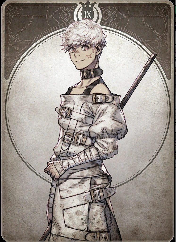 the image is a stylized portrait of a young man with white hair and a scar on his face, reminiscent of a tarot card illustration. he wears a tattered white garment resembling a straitjacket, bound by belts and buckles, and holds a long stafflike weapon behind him. the background features a circular frame adorned with intricate details, evoking a vintage aesthetic. the overall palette is muted and desaturated, contributing to a somber and mysterious atmosphere.