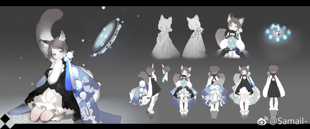 a digital illustration showcasing the design of a female animestyle character. she is a fox girl, with grey fox ears and a bushy tail. she wears a white dress with blue accents and a black overrobe with a floral pattern. the girl is posed in various angles, offering front, back, and side views. there is also a sketch of her holding a tambourine, which is likely a key element of her character design. the overall style is soft and gentle, with muted colors and a dreamy atmosphere.