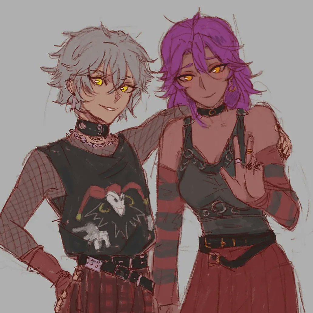 the image is a digital drawing or fanart depicting two animestyle girls in close proximity, possibly friends. they are styled in a grunge or punk aesthetic, with dark clothing, incorporating elements from 90s and 2000s fashion trends.  one girl has silver hair and the other has vibrant purple hair.  both are adorned with various accessories like chokers, belts, and piercings.  they appear friendly and happy, posing closely together with smiles on their faces.  the art style is slightly sketchy and loose, creating a casual and expressive vibe.