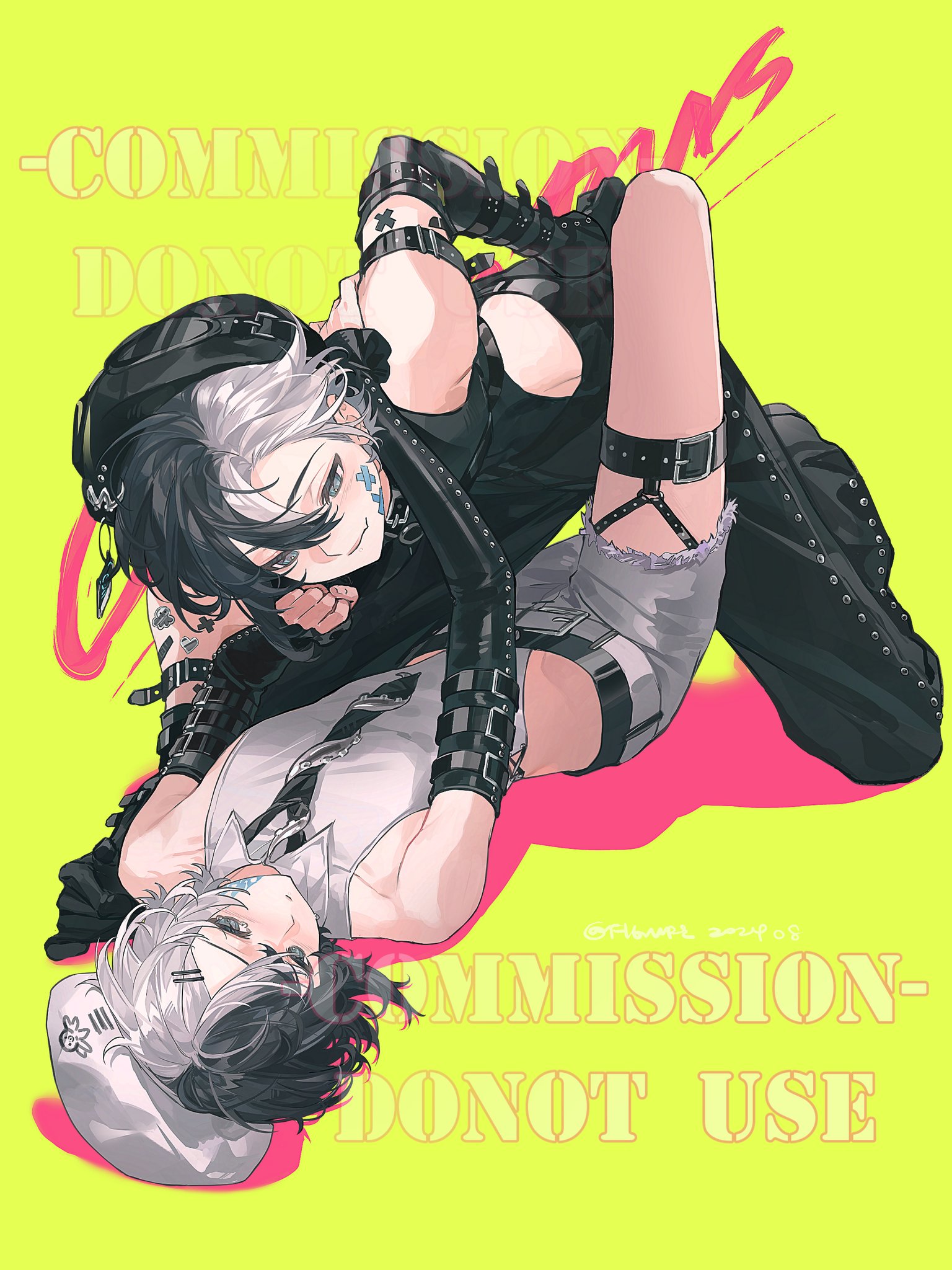 the image shows an anime illustration of two anime boys lying on a yellow background. the words "commission  do not use" are written over them. the boy on top has black hair with a white streak, and he is wearing black clothing, including a harness and boots. the boy on the bottom has white hair with a black streak and is wearing white clothing. they are both looking at the viewer.