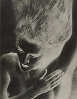 the image is a striking monochrome photograph, possibly a solarised or reversed negative print, depicting a woman's nude form. her hair is dramatically styled and appears to be flowing, creating a dynamic sense of movement.  her pose is suggestive and intimate, her hand resting gently on her body. the lighting is dramatic, using chiaroscuro to emphasize the contours of her body and create a mood of mystery and sensual elegance. the overall style points to a vintage aesthetic, possibly from the early to mid 20th century, reminiscent of early photographic experimentation and fine art photography movements. the grain and texture of the print add to its aged and artistic quality.