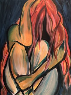 a painting of a woman with red hair. she is nude and has her arms wrapped around her body. her face is not visible, but her hair is flowing around her shoulders. the painting is done in a style that is abstract and expressive. the colors are rich and vibrant, and the brushstrokes are bold and dynamic. the overall effect is one of