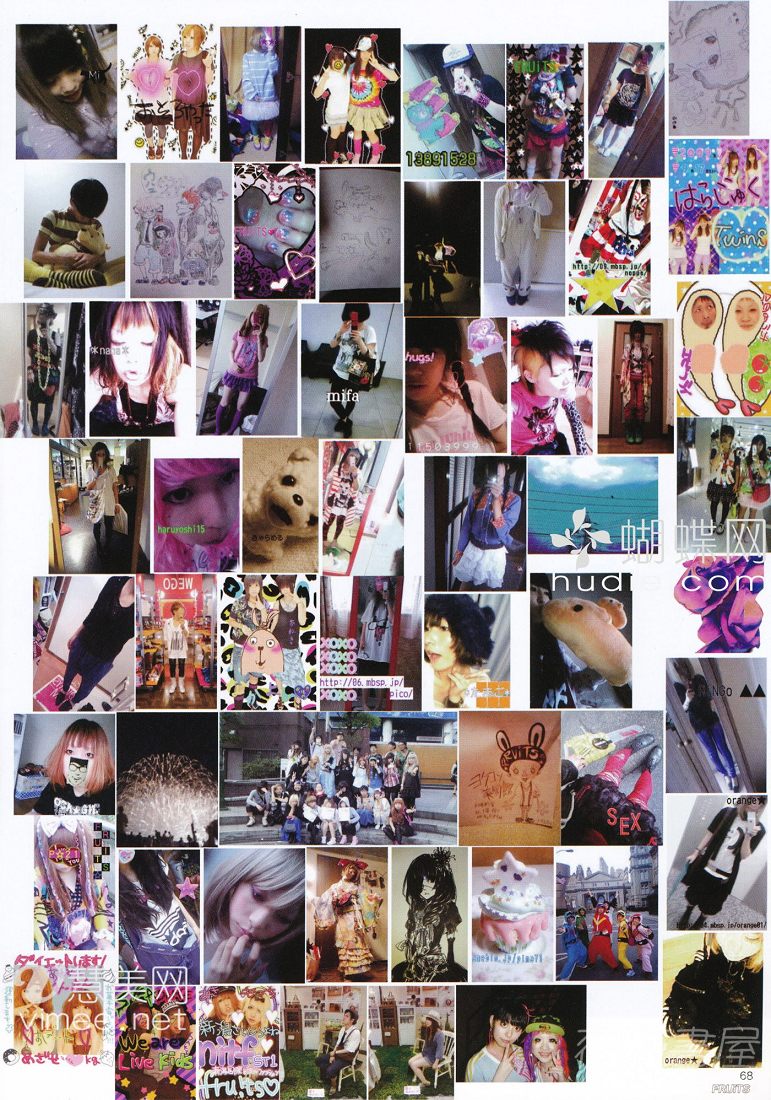 the image is a collage of photographs featuring people dressed in various outfits. the photos appear to be taken with a digital camera and have a snapshot aesthetic. the style of clothing is reminiscent of japanese street fashion, particularly harajuku and kawaii styles, with bright colors and a mix of vintage and modern pieces. the collage likely represents a collection of personal photos showcasing individual style and trends.