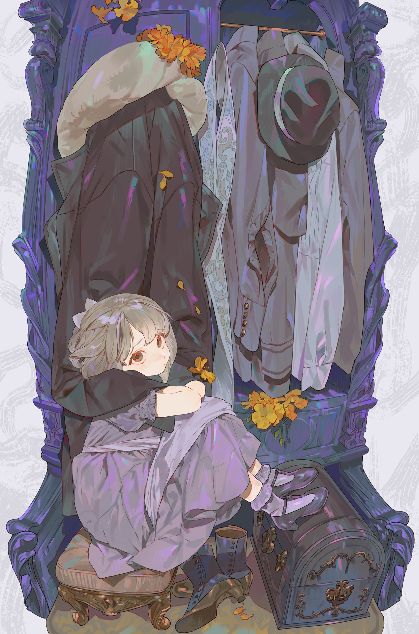 an illustration depicts a young girl sitting on a stool in front of an open wardrobe, hugging a coat. she wears a long purple dress and black mary jane shoes with grey ankle socks. beside the stool is a pair of antique ankle boots and a dark blue chest. inside the wardrobe hang coats and a hat. yellow flowers are tucked into the coats and adorn the top of the wardrobe. the girl has short grey hair with a small white ribbon, and large, expressive brown eyes.