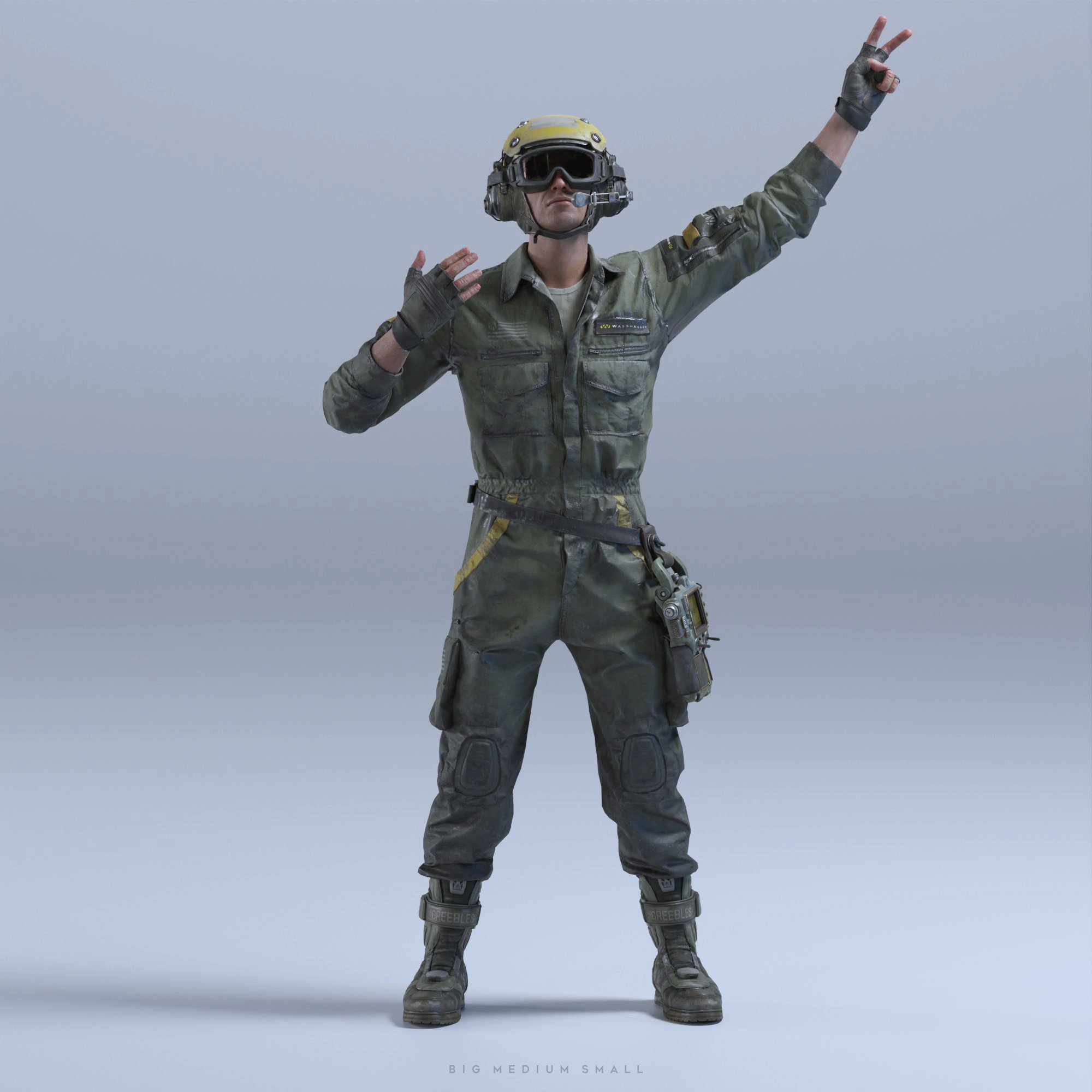the image is a 3d render of a futuristic soldier. the soldier is wearing a dark olive green combat jumpsuit, a yellow and black helmet with integrated goggles, tactical gloves, and knee and shin guards.  they also have a pouch or holster attached to their hip.  the soldier is striking a pose, with one arm raised in a victory gesture and the other arm bent, suggesting a dynamic, celebratory pose. the background is a simple, light grey, which focuses attention on the soldier's detailed attire and pose. the overall style is reminiscent of a video game character or concept art for a science fiction setting.  the text "big medium small" is present at the very bottom, likely indicating size options for the model.