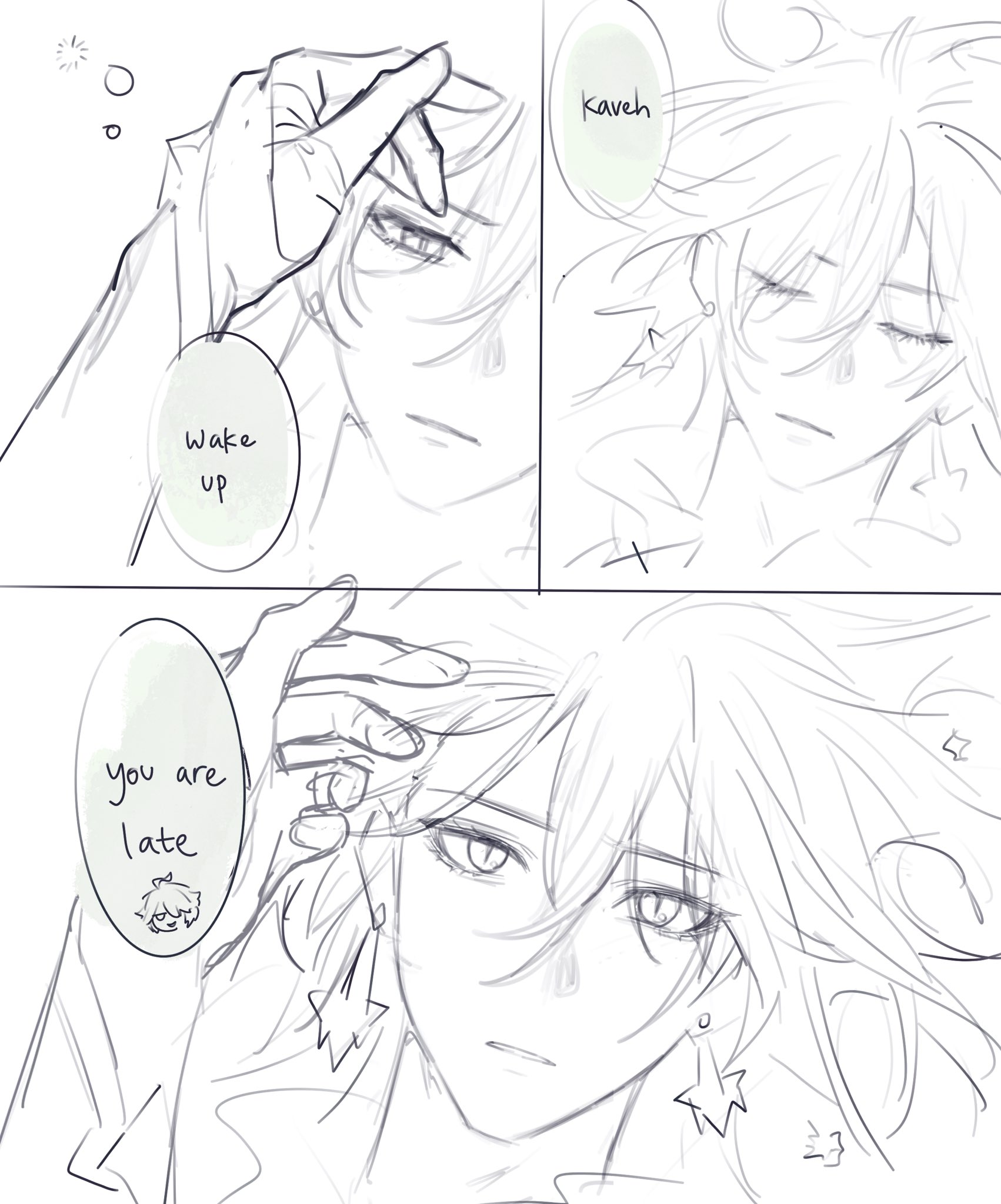this image features a series of manga panels depicting a young man with long, flowing hair who appears to be waking up late. the panels show him in a relaxed, sleepy state, and then progressing to a more alert and frustrated state as he realizes that he has overslept. the image features a variety of expressions and poses, along with simple, yet engaging line art. the text bubbles add to the narrative, hinting at a humorous and perhaps romantic interaction between two characters.