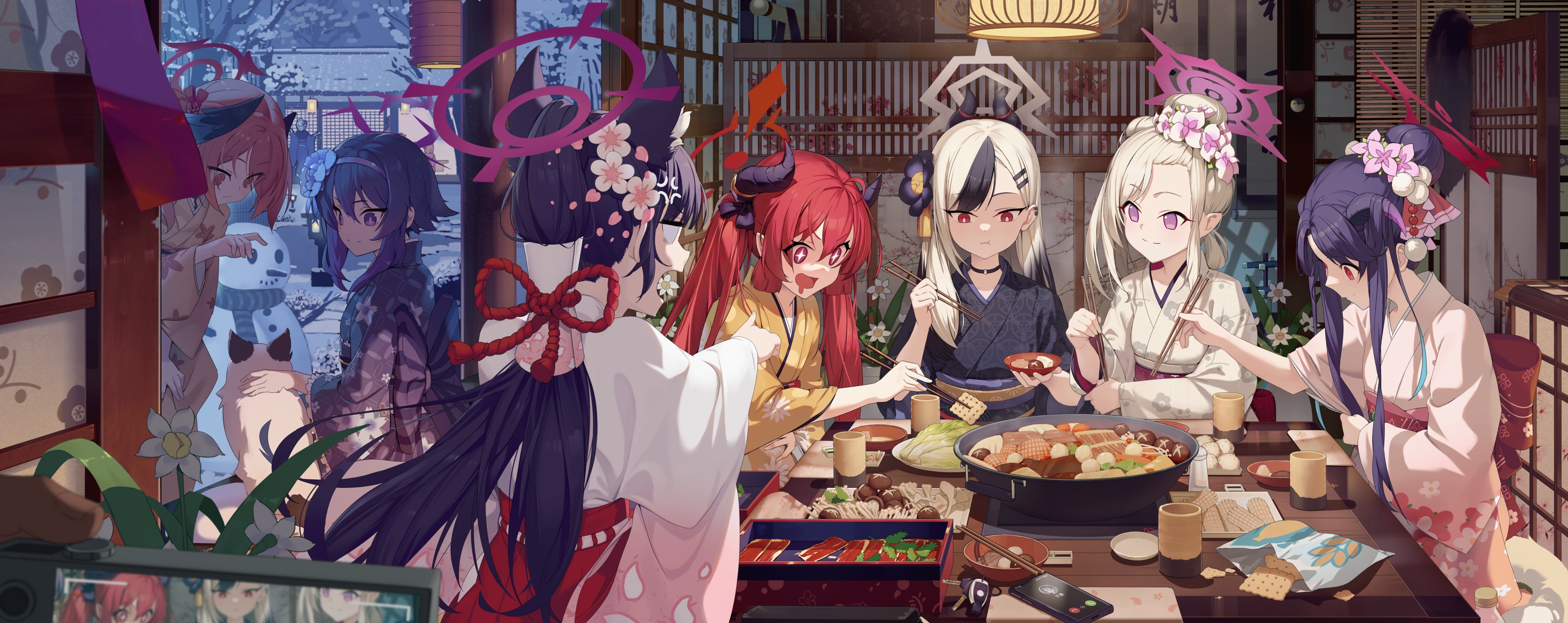 vibrant illustration showcases a group of anime girls in kimonos gathered around a hot pot, enjoying a festive winter meal. the setting appears to be a traditional japanese home, with snow visible outside. the girls are expressively drawn, their diverse appearances highlighted by unique hairstyles and accessories.  the warm lighting and detailed depiction of the food create a cozy and inviting atmosphere. the overall style is whimsical and charming.