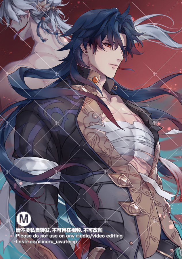 the artwork is a portrait of a young man with blue hair, with a man with white hair in the background. the young man is dressed in an elegant black kimono with intricate gold designs, and he is also adorned with gold jewelry. he has a serious expression on his face, and his hair is flowing in the wind. the background is a soft red with a blue and white design.