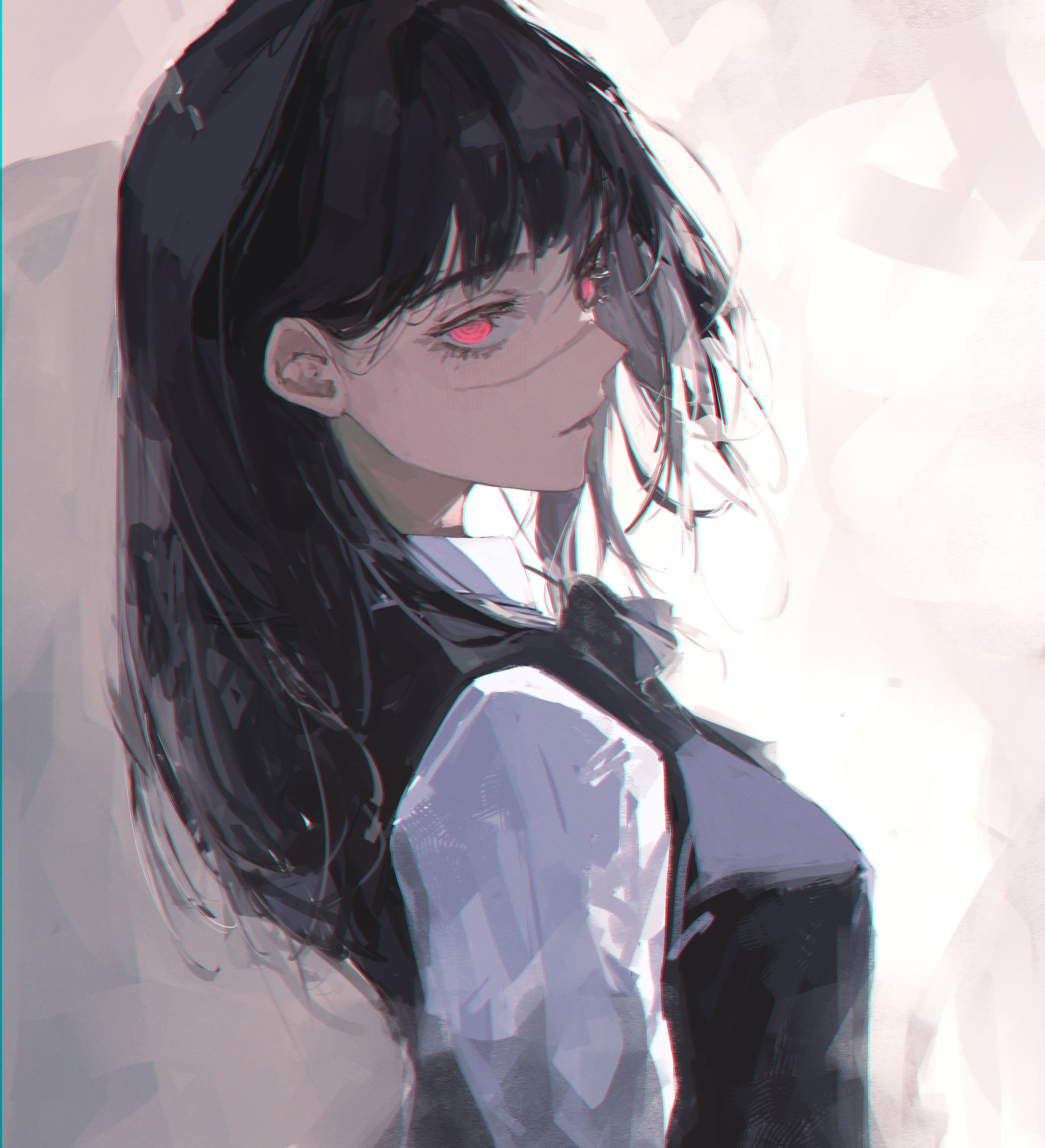 this is a portrait of an anime girl with long black hair and red eyes. the girl is wearing a white shirt and a black jacket. the background of the image is blurry, which makes the girl stand out. the overall mood of the image is dark and mysterious.
