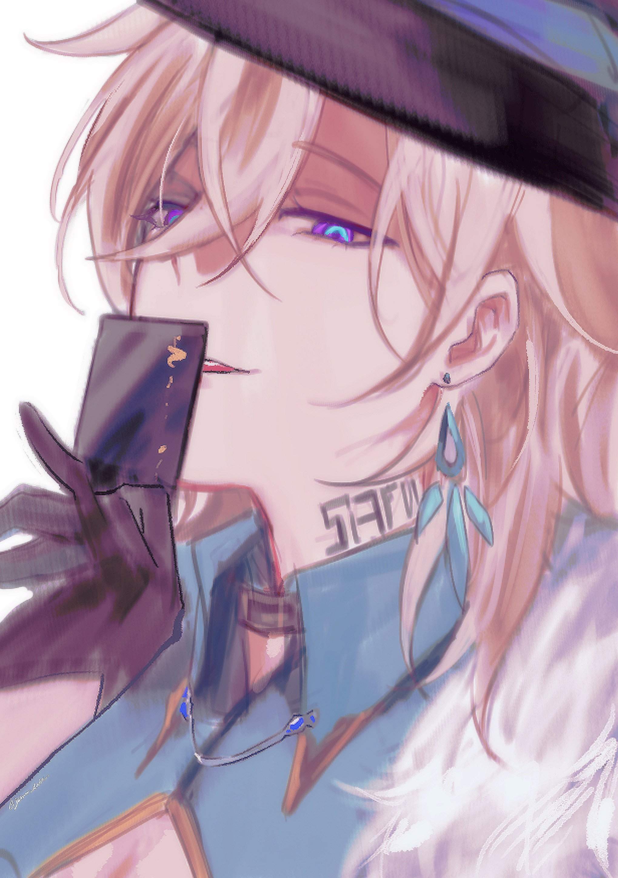 closeup portrait of an anime boy. he has blonde hair and is wearing a blue jacket and a black cap.  he has bright blue eyes and has a necklace with a blue jewel around his neck. he is holding a black playing card and is looking at the viewer.