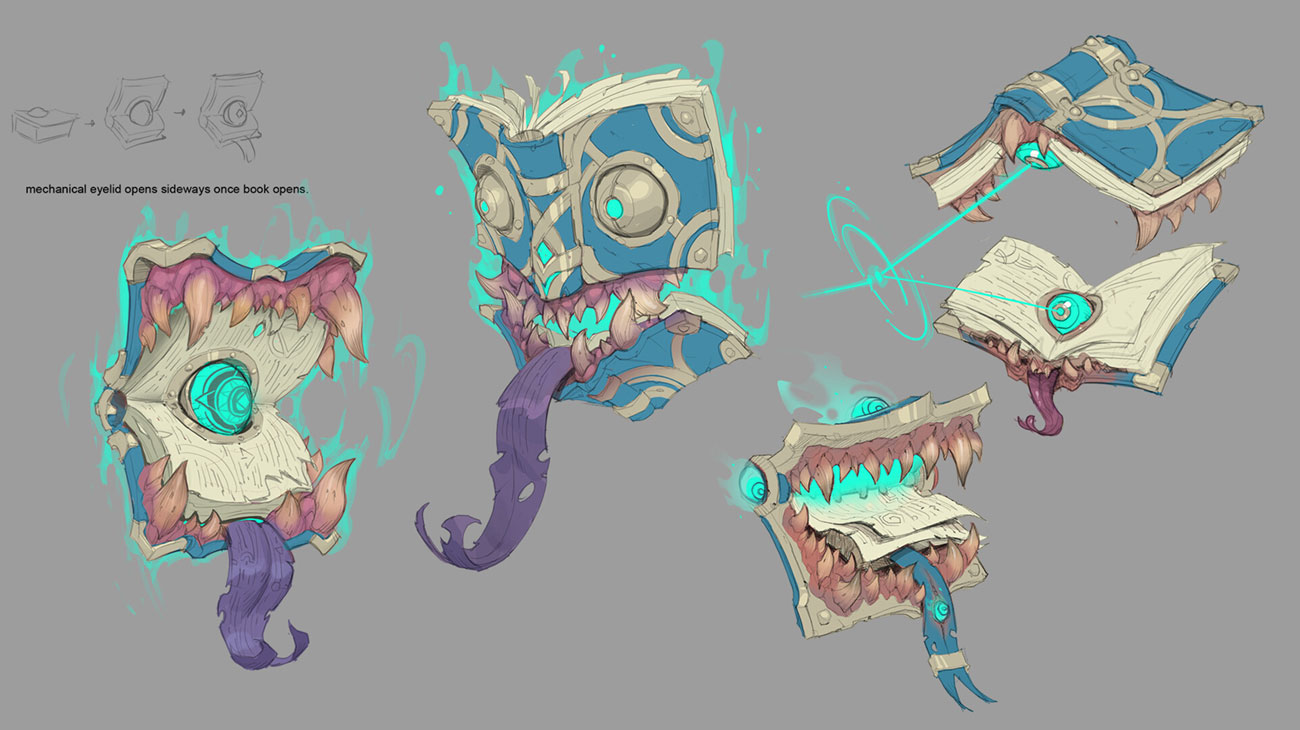 the image is a digital illustration of a monster book design concept. the book has a blue spine, white pages, and a monstrous face on the front cover with glowing eyes and a purple tongue. it has sharp teeth and a large mouth that is open. the book is in various positions, showing the front and side views. the design is detailed and shows the book in both closed and open positions, including the details of the mechanical eyelid. the illustration is done in a digital painting style with a cartoon aesthetic.