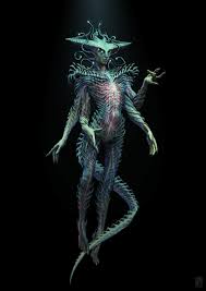 the image depicts a tall, slender alien creature with a unique humanoid form. it has four arms, scaly skin, and a long tail. the creature wears an elaborate hat with tentacles and an intricate costume. its anatomy is unusual, and it has a glowing, ethereal quality. the background is dark, emphasizing the otherworldly nature of the being.