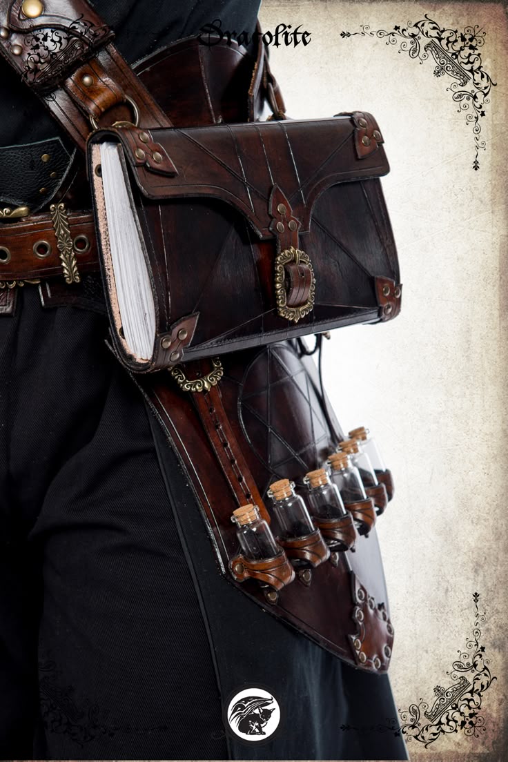 a closeup shot showcases a person wearing a brown leather fantasythemed belt and harness, featuring a pouch containing a book and a side attachment holding multiple potion bottles.