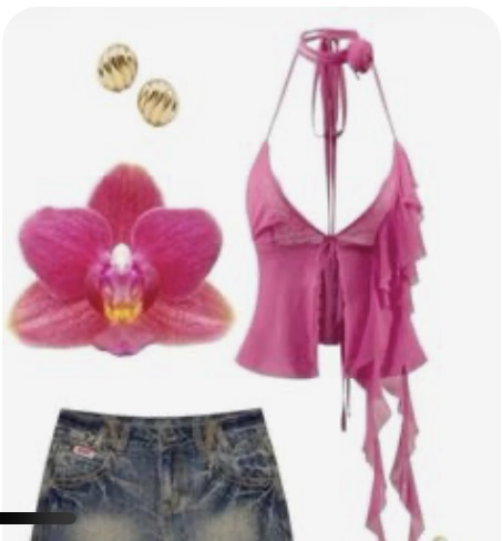 the image shows a clothing outfit laid out against a white background. the outfit consists of a pink halter top, a pair of denim shorts, and a pair of gold earrings. there is a pink orchid positioned above the outfit.