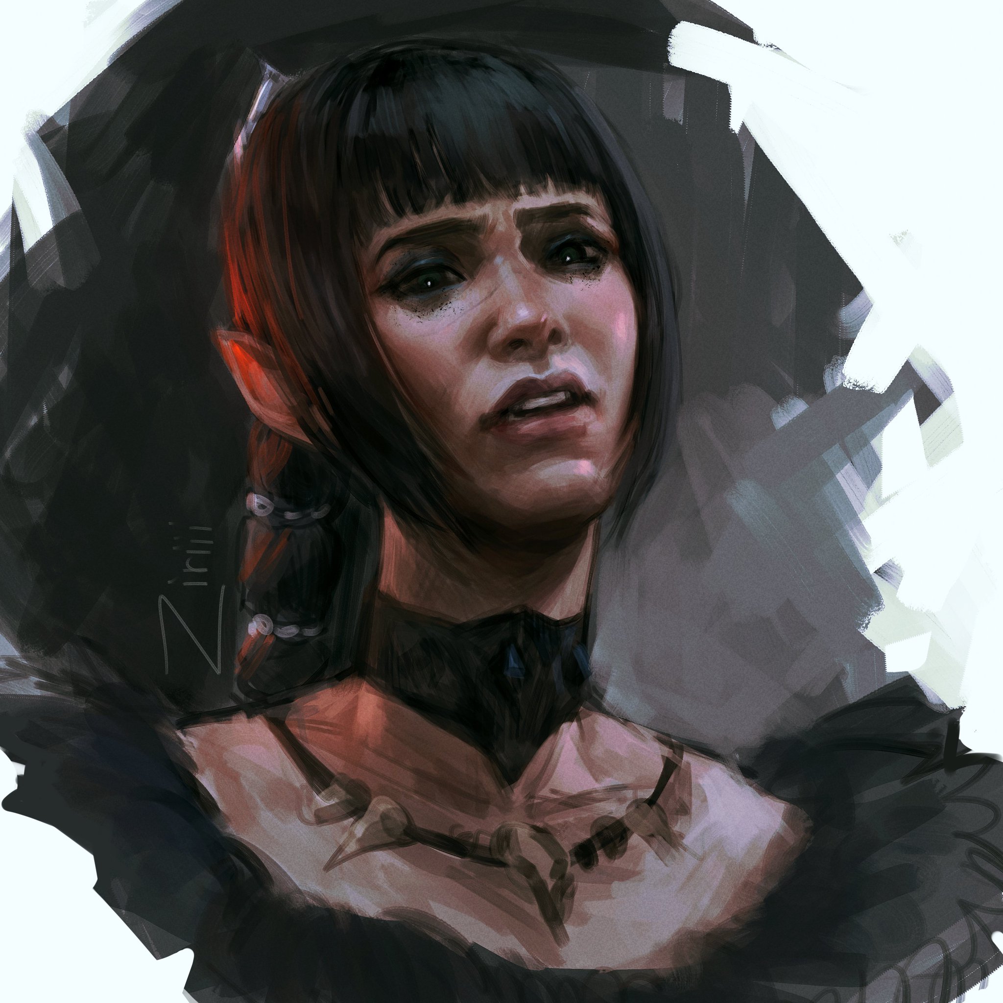a digital painting depicts a woman with elven features, including pointed ears, with a melancholic expression. she has short, black hair with blunt bangs, and is wearing a black choker and necklace. the background is a mix of dark and light tones, suggesting a shadowy or ethereal setting. the style is painterly, with visible brushstrokes and a focus on light and shadow to convey emotion. the overall tone is somber and fantastical.