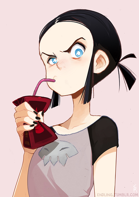 the image is a stylized cartoon drawing of a girl with black hair styled in a high ponytail drinking from a red juice box with a straw. she wears a gray graphic tshirt with a black and white design. the girl is giving an unimpressed or skeptical sideeye glance at the viewer. her expression and the overall tone of the image is humorous.