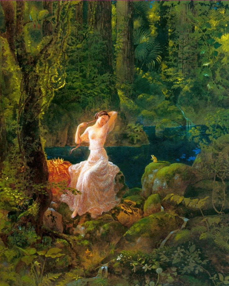 the painting depicts a beautiful woman, possibly a nymph, in a lush, green forest setting. she is dressed in a flowing white gown and has long, flowing hair. she is seated on a mossy rock, surrounded by lush foliage and a flowing stream. the forest is bathed in sunlight, creating a sense of peace and tranquility.  in the background, a waterfall cascades down a rocky cliff, adding to the magical atmosphere of the scene. a small frog sits on a rock in the foreground, adding a touch of whimsy to the composition. the overall mood of the painting is serene and romantic, evoking a sense of wonder and enchantment.