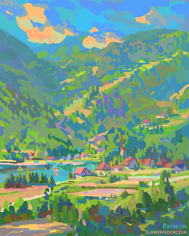 the painting shows a idyllic small village by the lake and at the foot of a mountain. the village is full of red roof houses, some with smoke coming out of their chimneys. a tall white tower with red roof is in the middle of the village. there are green trees and grasslands all over the village. there's a lake in the distance with couple sailboats. layers of green mountains stand in the background under a blue and yellow sky.