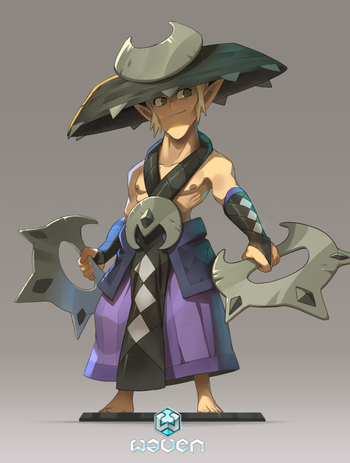 a digital illustration of a fantasy elf warrior character holding a crescent moonshaped weapon. they have a black and purple robe with a white diamond pattern and are wearing a large black hat with a crescent moon on top. the character is standing on a black base with a blue gem in the center.