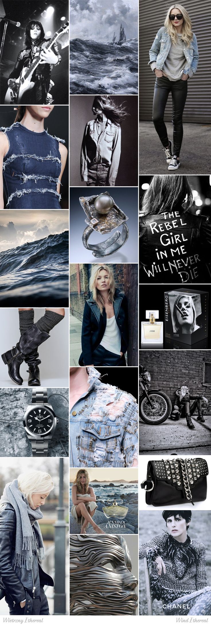 this image is a collage of different fashion and art elements. it includes images of clothing, jewelry, accessories, and artwork with a generally cool color palette. key items include various jackets (denim and leather), jeans, boots, jewelry (a watch and a ring), perfume (including a chanel bottle), and a studded handbag. also present are an image of joan jett performing, a stormy ocean with sailboats, and a sculptural piece. some text can be seen on a black leather jacket that reads "the rebel girl in me will never die", and the chanel logo is visible in the bottom right corner of the collage.