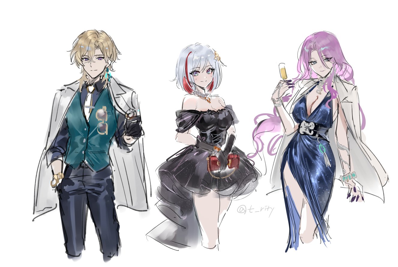 the image is a digital painting or illustration featuring three animestyle characters dressed in formal attire.  the male character on the left is wearing a teal vest and a light grey overcoat, carrying what looks like glasses. to the right of him is a female character in a dark, elegant, shortsleeved dress adorned with sparkly elements. she carries a small handbag. the third character, a female, is wearing a glamorous, dark blue, sparkly, long gown, and a white coat, while holding a glass of champagne. all three characters display refined, sophisticated poses suggesting they are attending a formal event.  the art style is loose and suggestive, rather than highly detailed, giving it a sketchlike quality, indicating that it may be fanart.  the artist's signature or watermark (@t_rity) is subtly placed near the center.