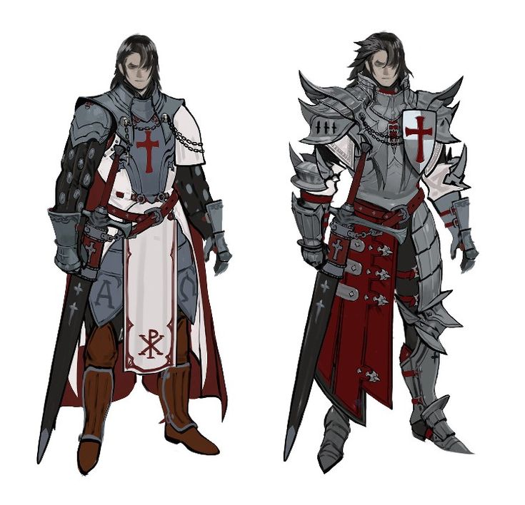 the image shows concept art for a templar knight or crusader character, depicted in two slightly different versions.  both versions feature a male character with dark hair wearing armor predominantly grey and silver, accented with red cloth elements. the armor includes a breastplate featuring a cross, a symbol often associated with the templars.  version one features lighter armor with a long white surcoat, while version two is clad in heavier, more detailed plate armor with a shorter, more stylized red surcoat. both figures wield swords.  the art style is painterly, with visible brushstrokes.  the overall aesthetic is a blend of medieval and fantasy elements.