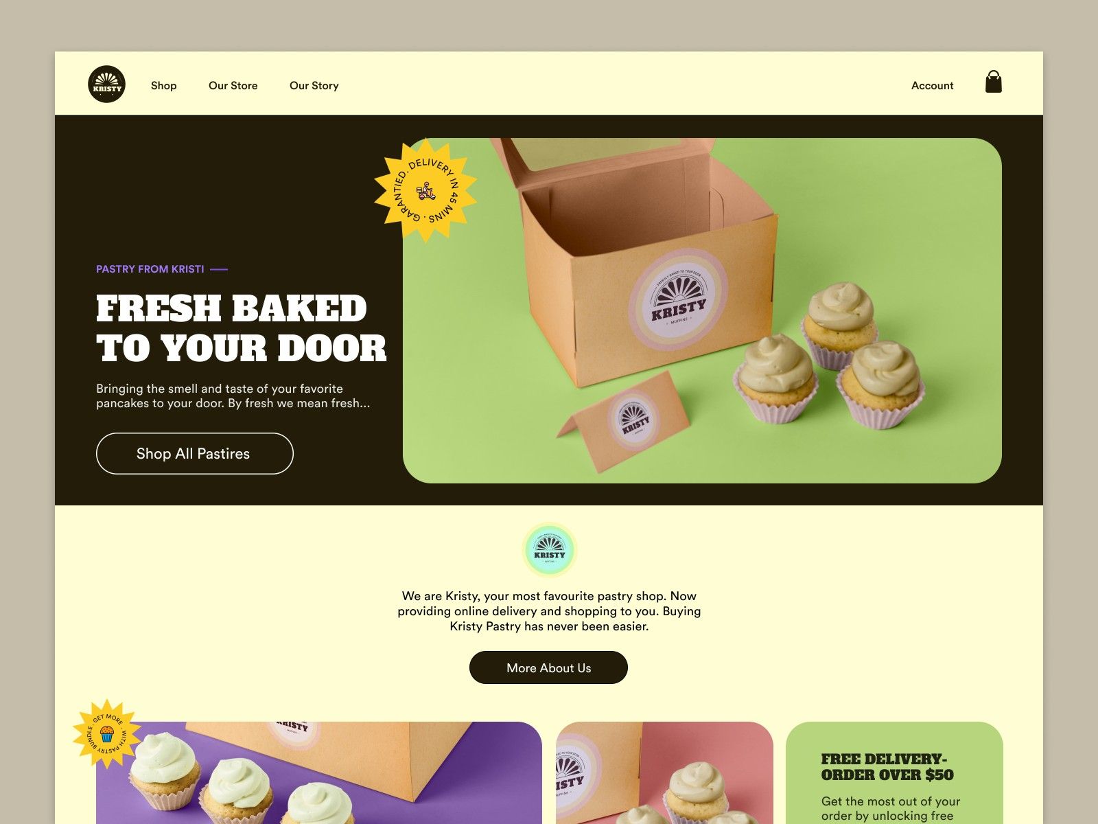 the image is a website banner for a bakery called "kristy". the banner features a call to action "fresh baked to your door", showcasing a box of cupcakes and the shop's logo. the website offers online ordering and delivery, promoting free delivery for orders over $50. the banner highlights the bakery's fresh and delicious pastries, inviting customers to visit the shop. the website banner design is bright and cheerful, featuring vibrant colors and playful fonts to attract customers. it also highlights the bakery's online presence and convenience for customers.