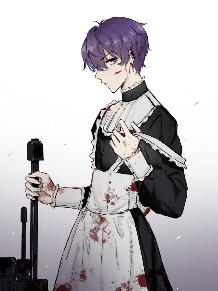 a drawing of an animestyled male character with purple hair dressed in a maid outfit with bloodstains on the apron and holding a large black weapon. they are standing in front of a white background.