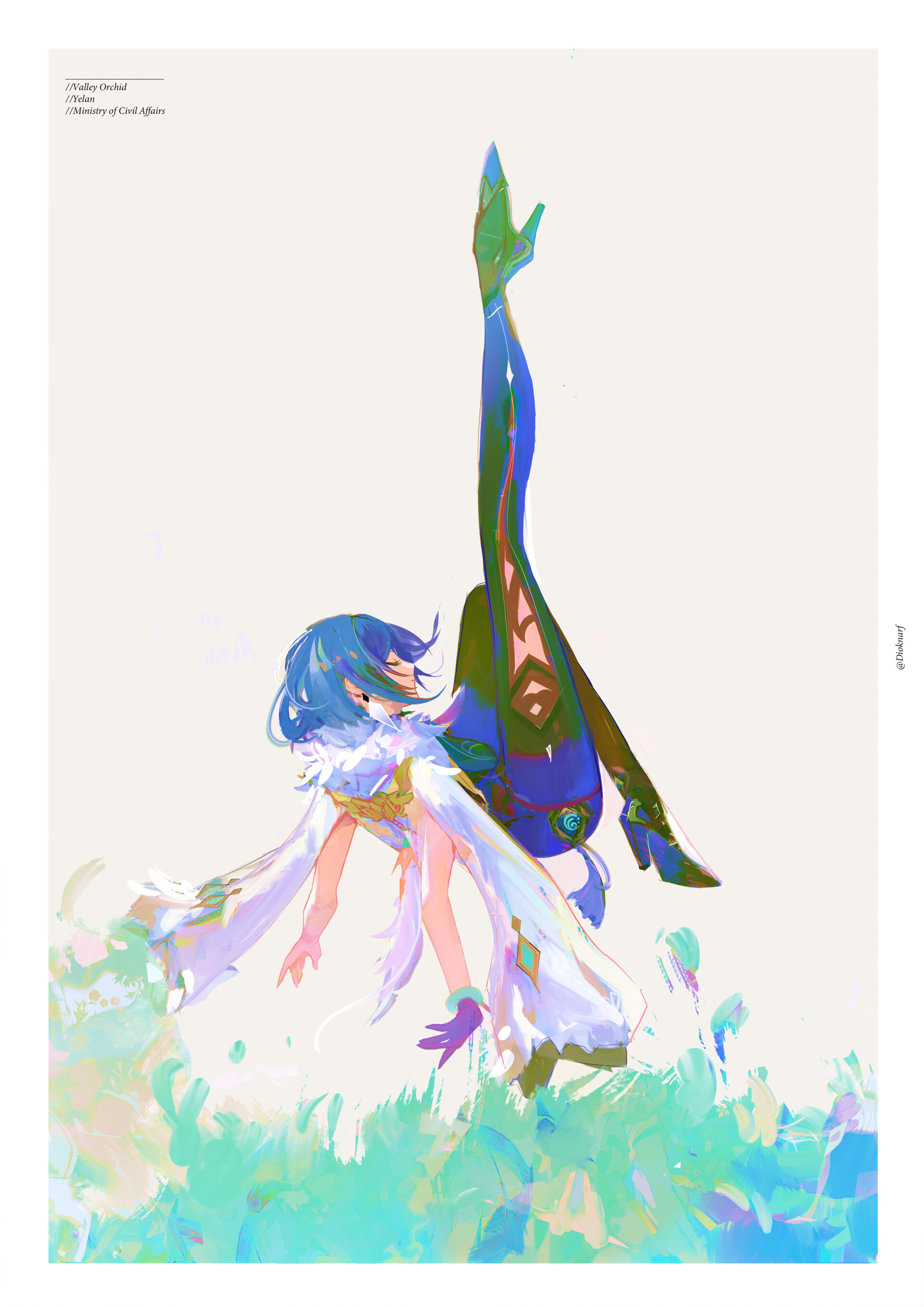 the image showcases a stylized anime girl with blue hair, dressed in a flowing white dress and striking thighhigh boots. she is depicted in a dynamic pose, seemingly leaping or falling with one leg extended high in the air. the background is a soft, abstract depiction of a grassy field rendered in pastel shades, with the low angle perspective emphasizing the character's fluid motion and whimsical nature.