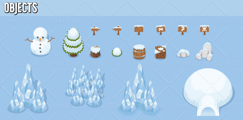 a top down view of 2d game assets set in a snowy environment.