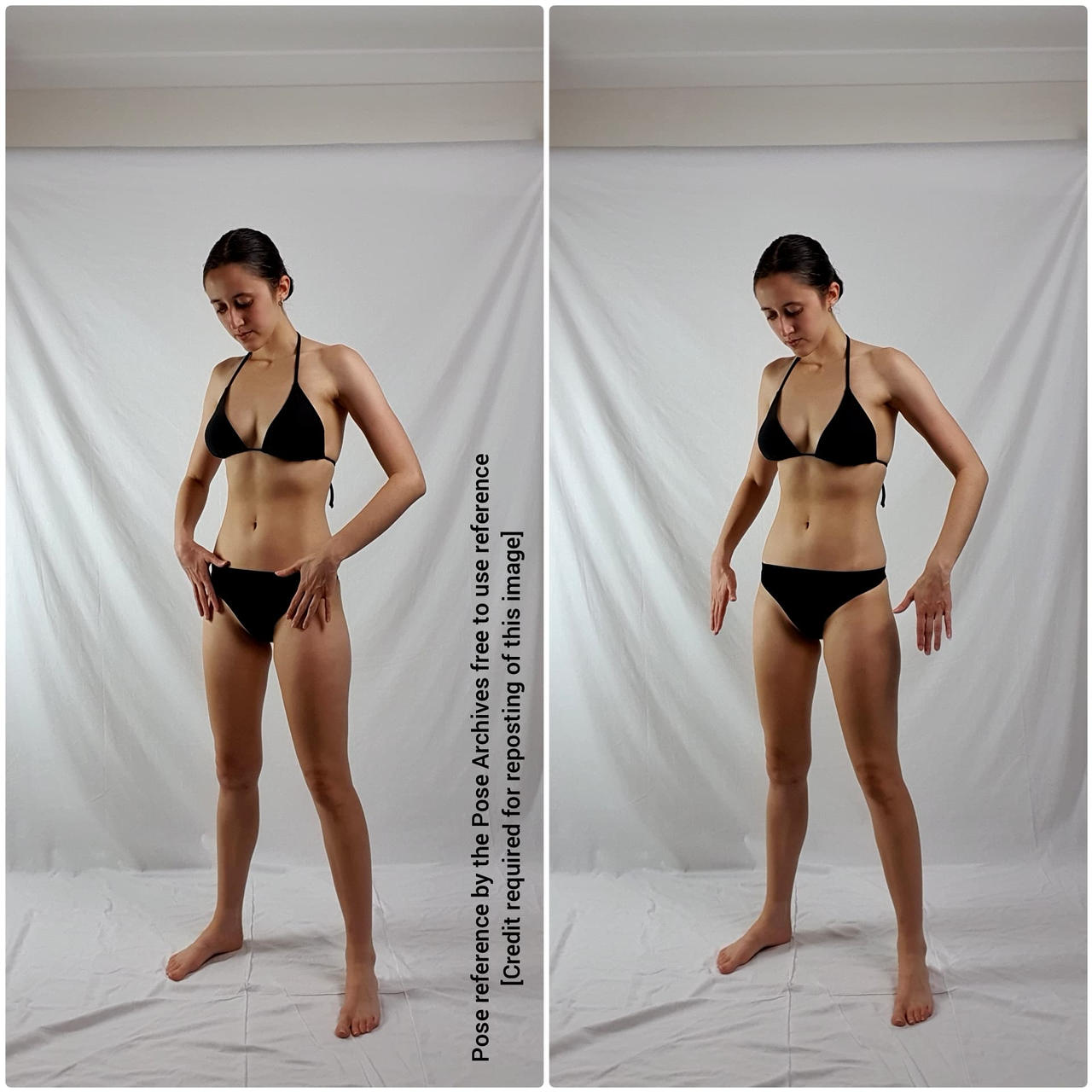 a woman in a black bikini is standing in front of a white background. she is posing for the camera, with her hands on her hips in the left image and her arms slightly out to the sides in the right image. the lighting is soft and the perspective is at eye level.  this is a reference photo for artists.