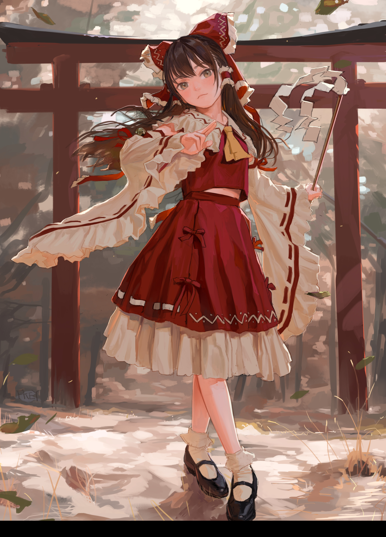 a full shot of an anime girl with brown hair and a red dress. she is wearing white socks and black shoes. the girl stands in front of a shrine with trees and sunlight in the background. she is holding a gohei in her right hand and doing a finger gesture with her left. she is looking at the viewer. she is reimu hakurei from touhou project.