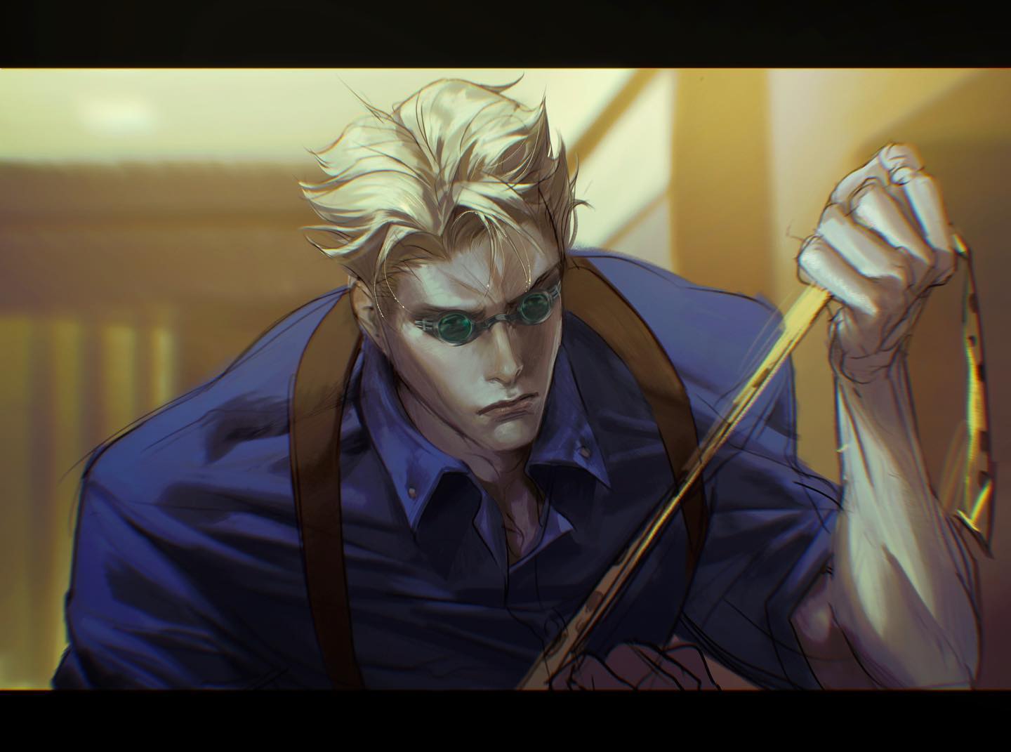 a close up portrait of a man with blonde hair and green eyes. he wears a blue shirt and a brown strap across his chest. he's focused intently on something, with a serious expression and sharp features. the art style is digital and animeinspired, with detailed lines and shading.