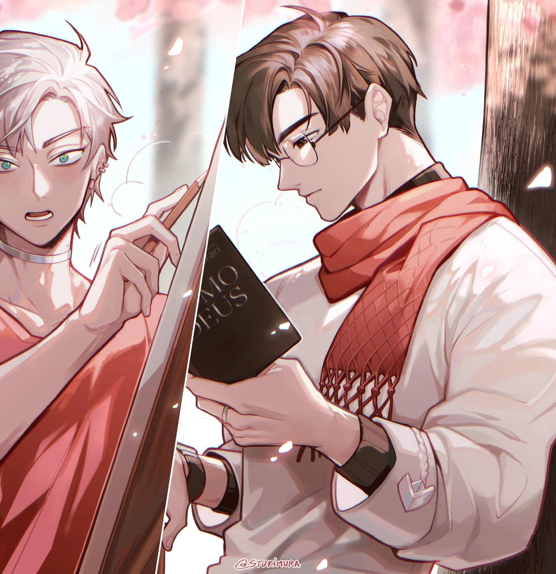 the image is a digital illustration of two anime boys, both with pink cheeks and soft smiles, holding books and looking at each other with affection. the background is a soft pink, dotted with cherry blossom petals and the image feels peaceful and romantic.