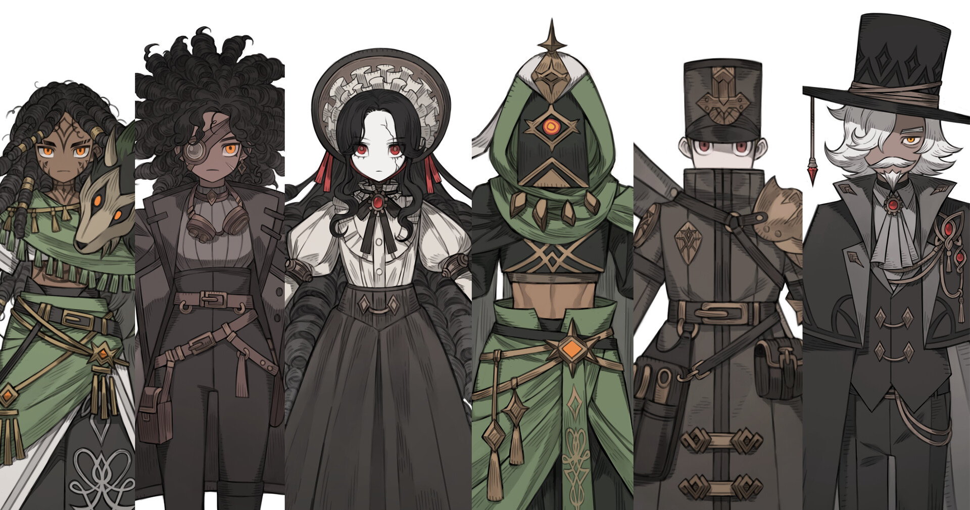 the image showcases a lineup of six fantasy characters, likely designed for a game or other visual media. they stand against a plain white background, drawing full attention to their detailed attire and unique features. each character boasts distinct cultural inspirations and likely possesses a unique role within their fictional world.