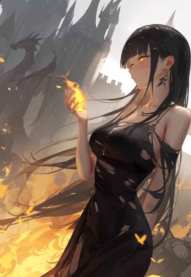 this is a digital illustration of an anime girl standing in front of a castle, she's holding a small flame in her hand, her long black hair and dress billow in the breeze, she's wearing a torn black dress that shows off her figure, she has long black hair and red eyes. this is a beautiful and magical artwork that is perfect for any fan of anime.