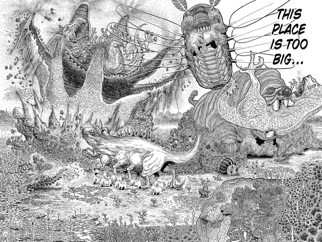 the image shows a surreal and fantasythemed drawing, reminiscent of a manga or comic panel. several bizarre, monstrous creatures inhabit the landscape, which also has fantastical plant life. one of the creatures says "this place is too big..." indicating a possible scale issue. the style is detailed and intricate, creating a surreal and fantastical atmosphere.